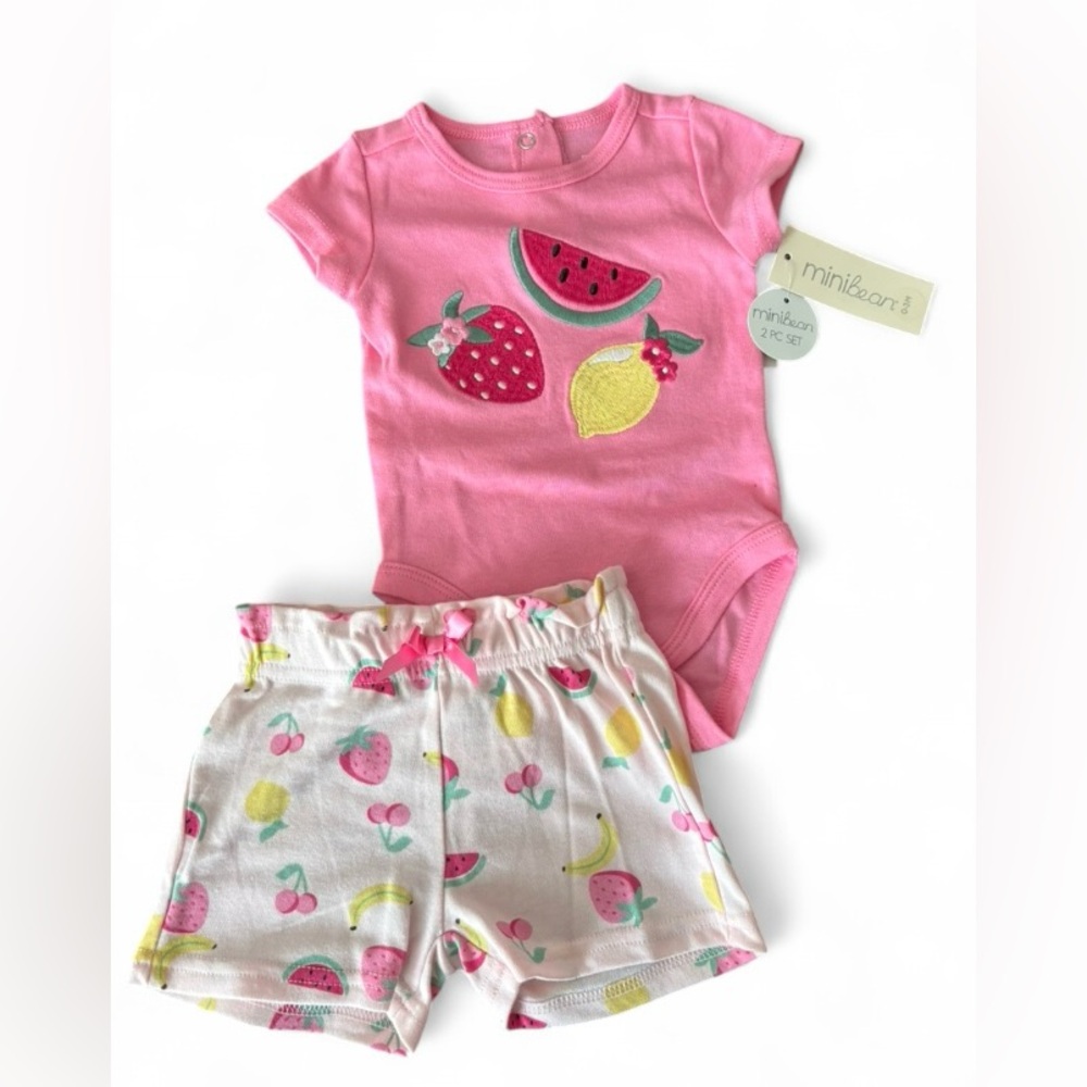 Pink Fruit Print Baby Onesie and Shorts Set